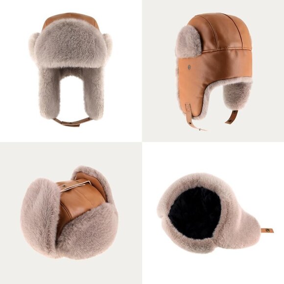 ⭐Women Black PU Black Leather Trapper Hat with Faux Fur Lining Warm Aviator Hat - Picture 2 of 7